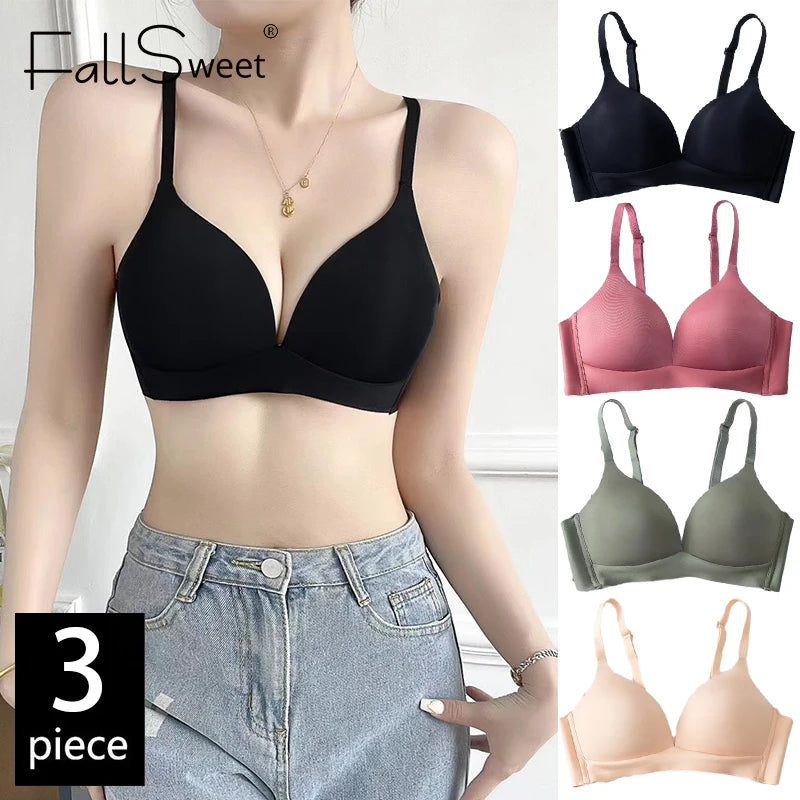 FallSweet 3PCS Japanese Style Seamless Push Up Bra for Women Wireless 3/4 Cup Glossy Bralette Comfort Underwear Female Lingerie