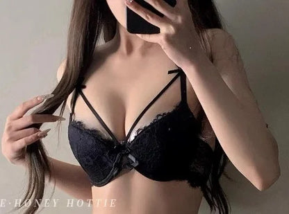 MOYISU French Light Luxury Push-Up Bra & Panty Set - Sexy Purple Bow Lingerie, Women's Pure Desire Underwear Elegant Neck Detail